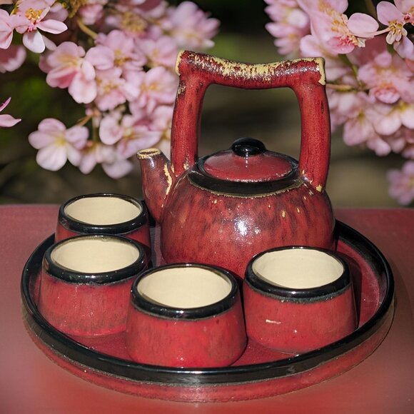 Discontinued Pier 1 Earthenware Red Shanghai Tea Set - Picture 1 of 13